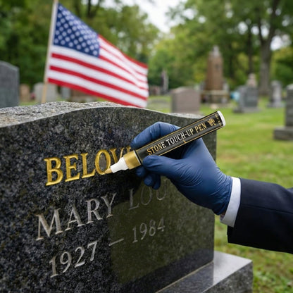 ✨ Golden Tombstone Marker Pen –🖌️ Restores Faded Names & Dates on Granite, Marble🕊️