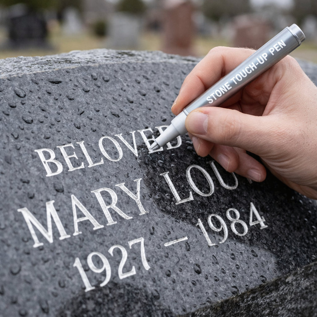 ✨ Golden Tombstone Marker Pen –🖌️ Restores Faded Names & Dates on Granite, Marble🕊️