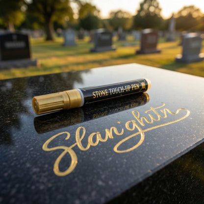 ✨ Golden Tombstone Marker Pen –🖌️ Restores Faded Names & Dates on Granite, Marble🕊️