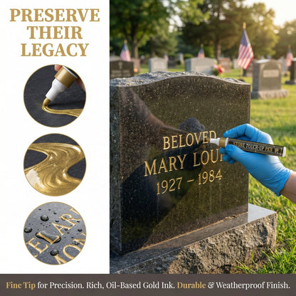 ✨ Golden Tombstone Marker Pen –🖌️ Restores Faded Names & Dates on Granite, Marble🕊️