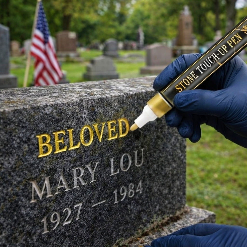 ✨ Golden Tombstone Marker Pen –🖌️ Restores Faded Names & Dates on Granite, Marble🕊️