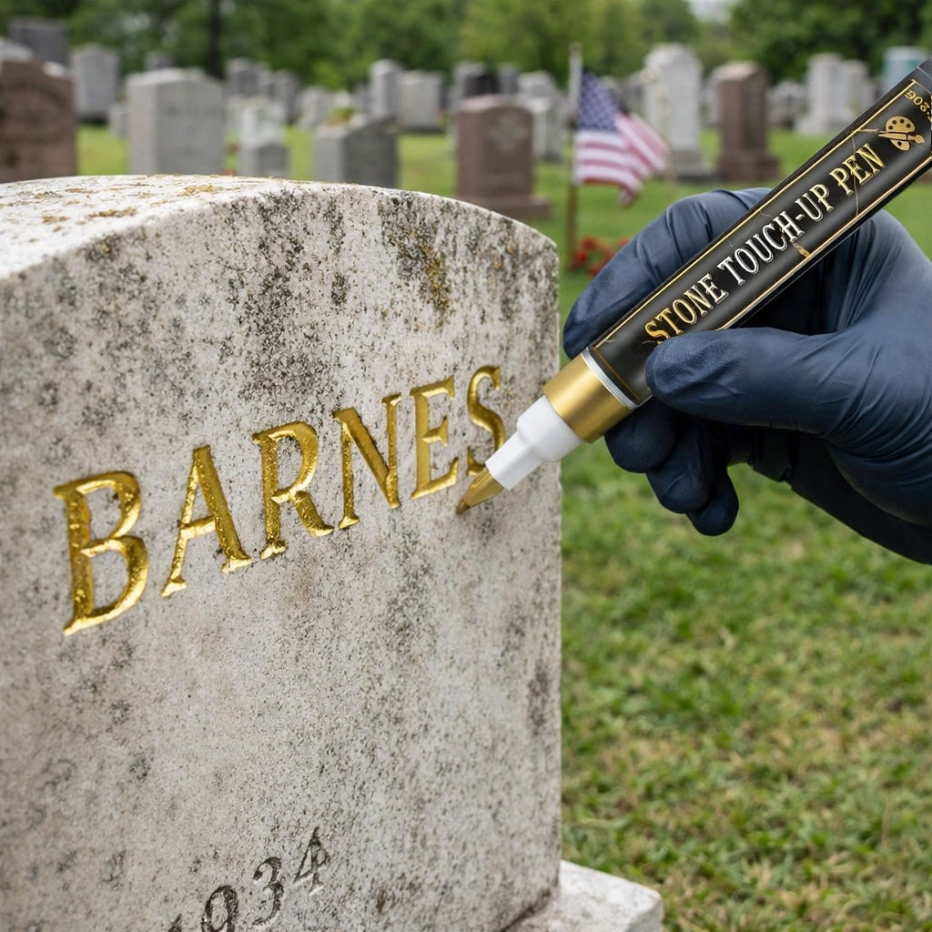 ✨ Golden Tombstone Marker Pen –🖌️ Restores Faded Names & Dates on Granite, Marble🕊️