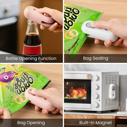 3-in-1 Portable Kitchen Tool – Seal Snack Bags, Open Packages & Pop Bottle Caps | USB Rechargeable & Magnetic (Last Day 50% OFF 🔥)
